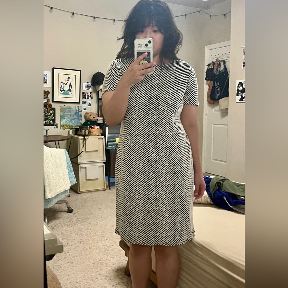 Calvin Klein Black and White Diagonal Stripe Midi Dress